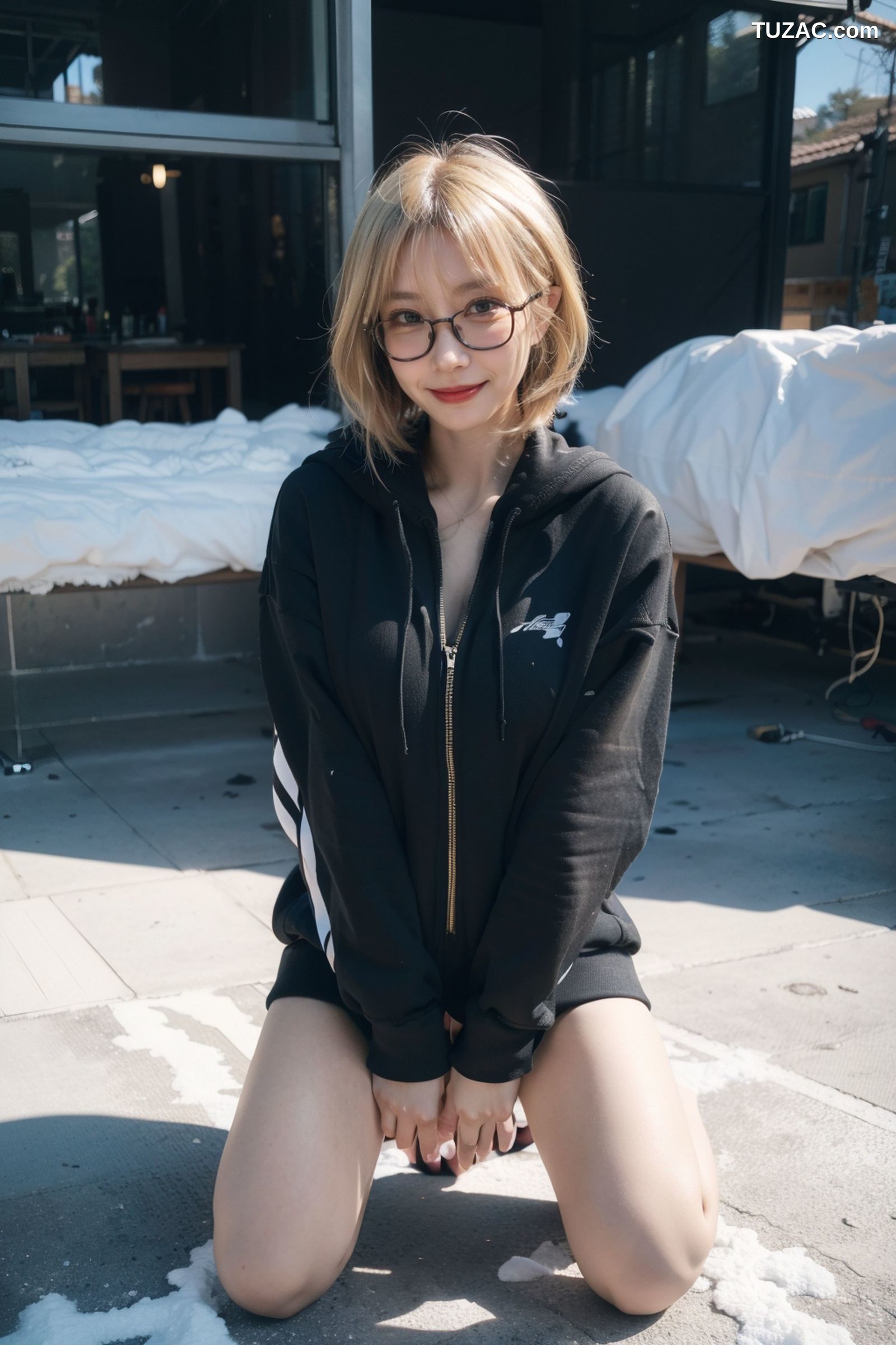 AI美女-拟实-黑色连帽衫女孩户外