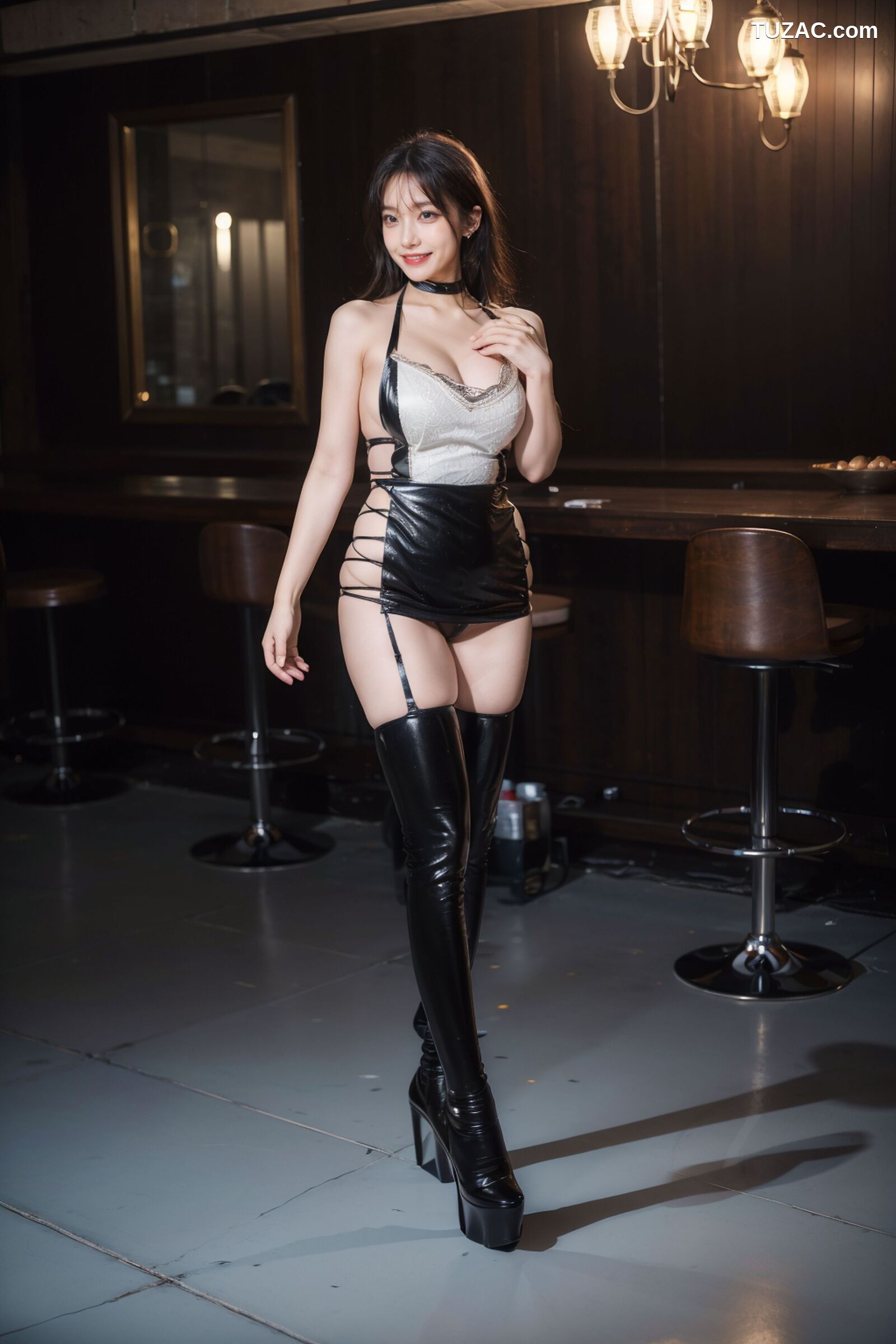 AI美女-拟实-黑色长皮靴情趣黑胶衣-室内版