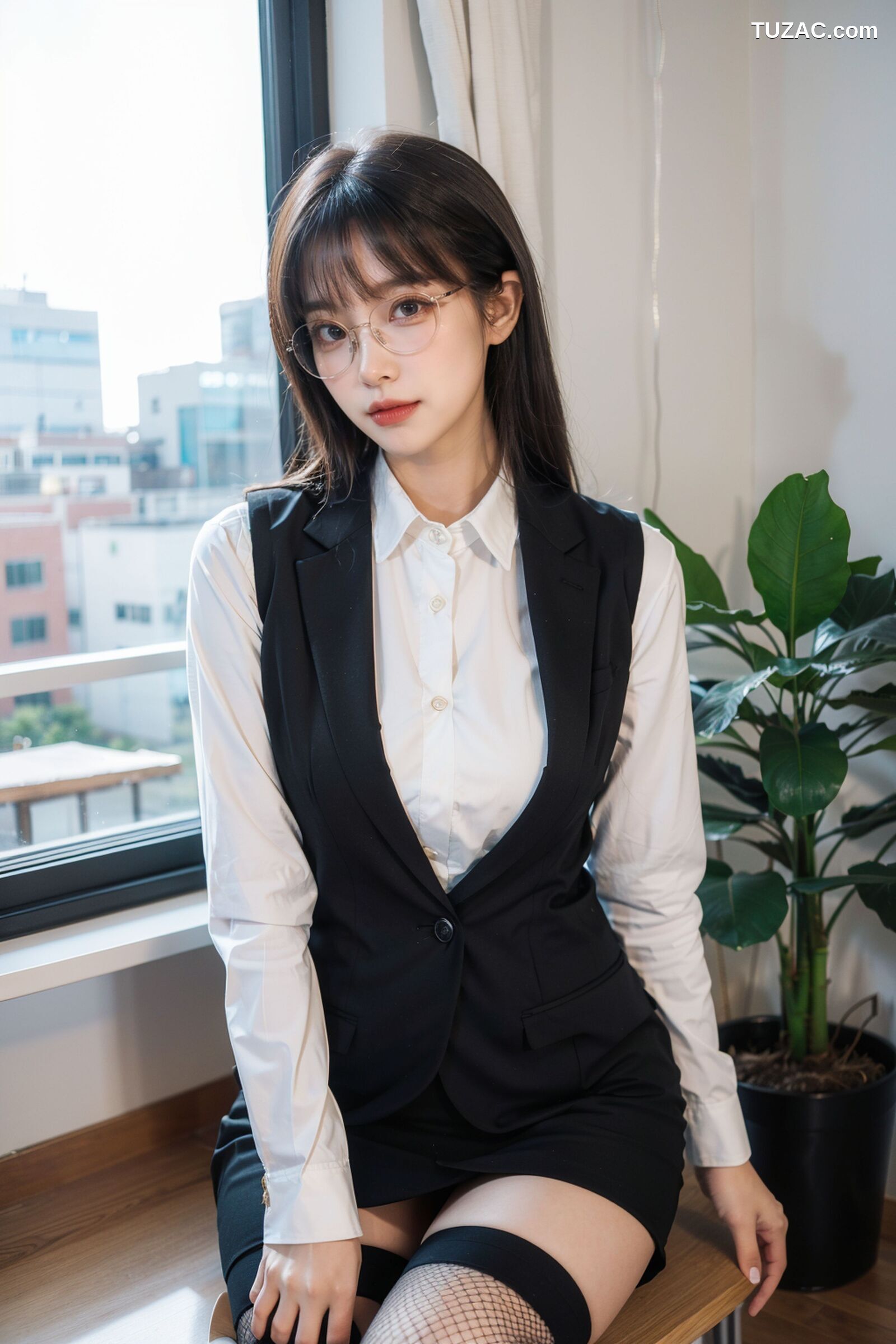 AI美女-拟实-黑色马甲办公室女郎