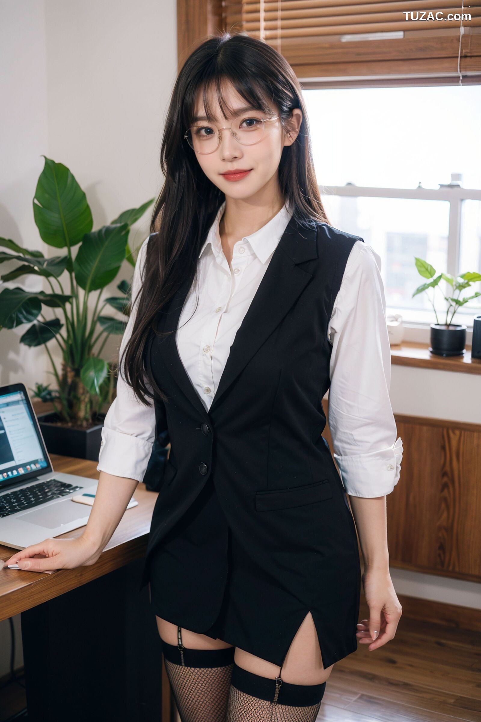 AI美女-拟实-黑色马甲办公室女郎