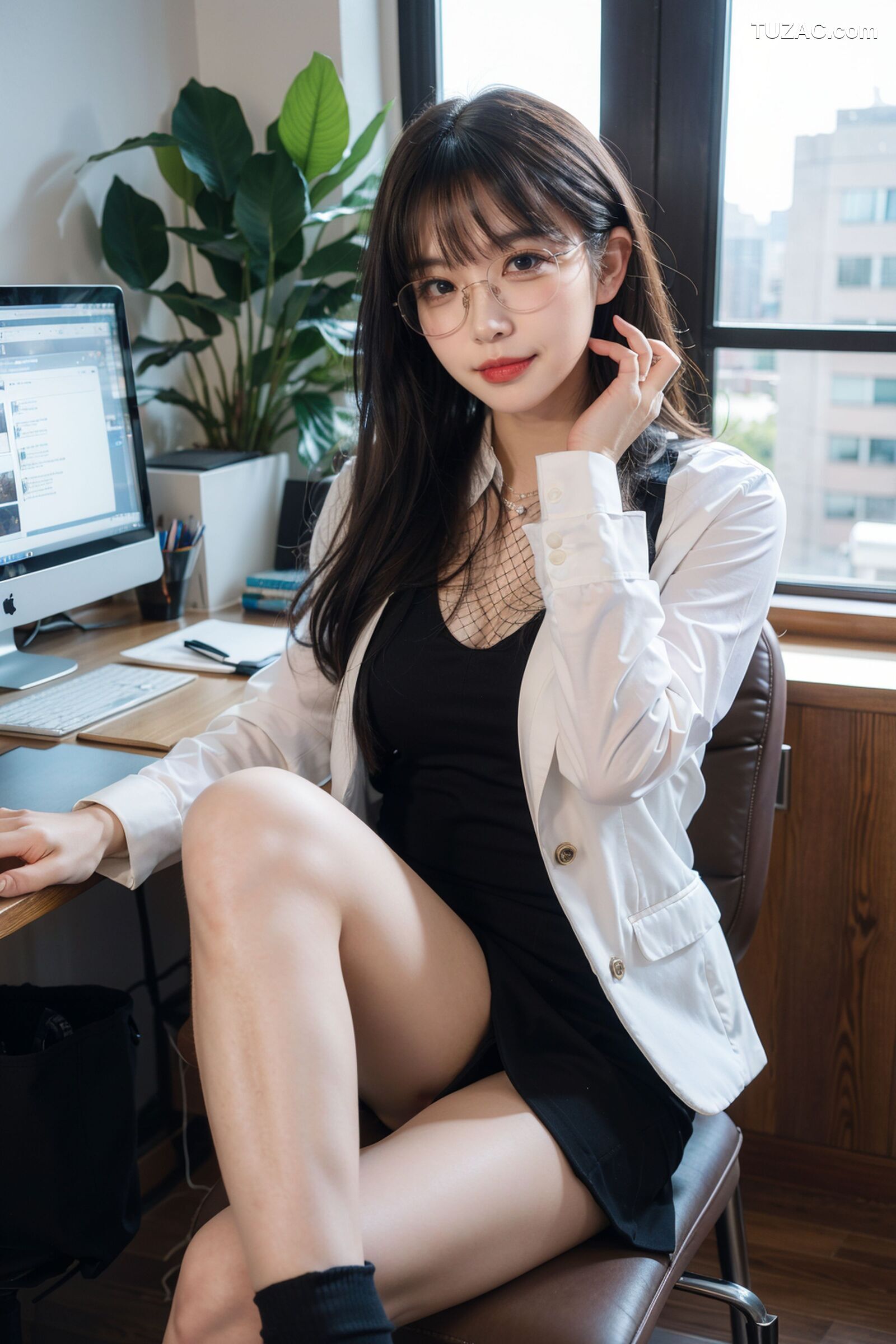 AI美女-拟实-黑色马甲办公室女郎