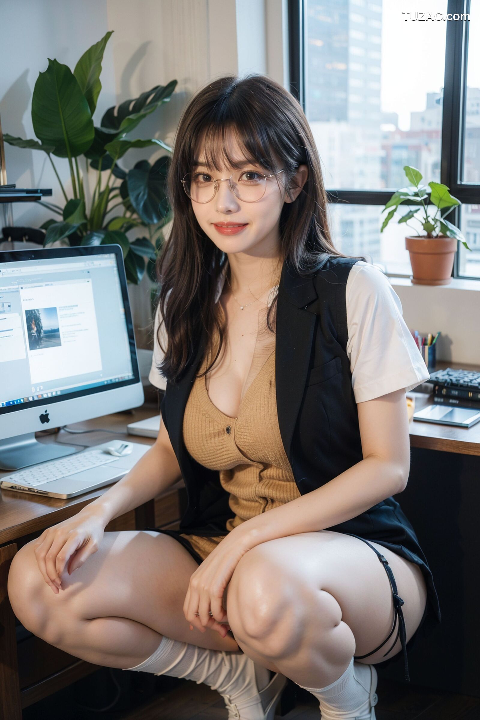 AI美女-拟实-黑色马甲办公室女郎