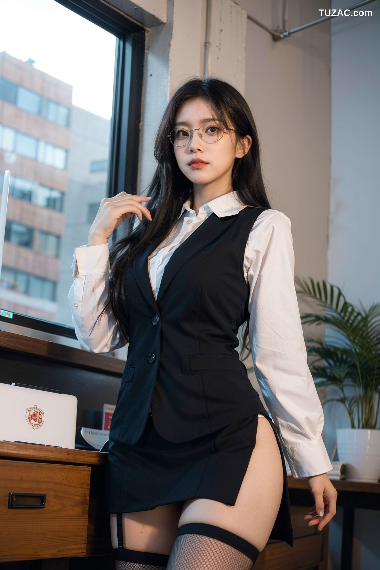 AI美女-拟实-黑色马甲办公室女郎