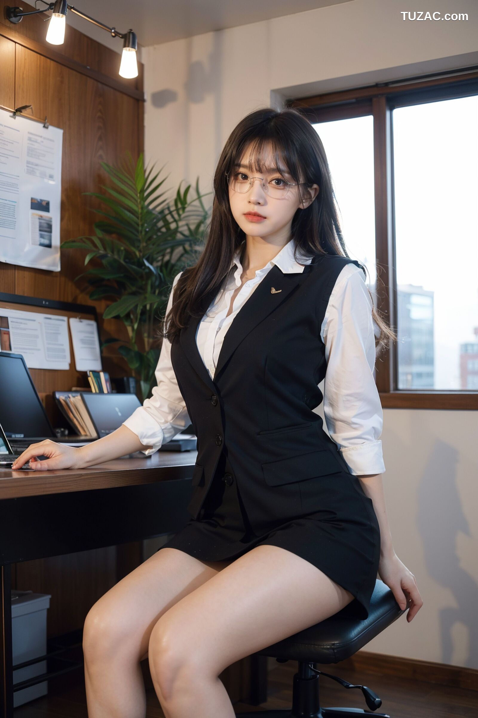 AI美女-拟实-黑色马甲办公室女郎