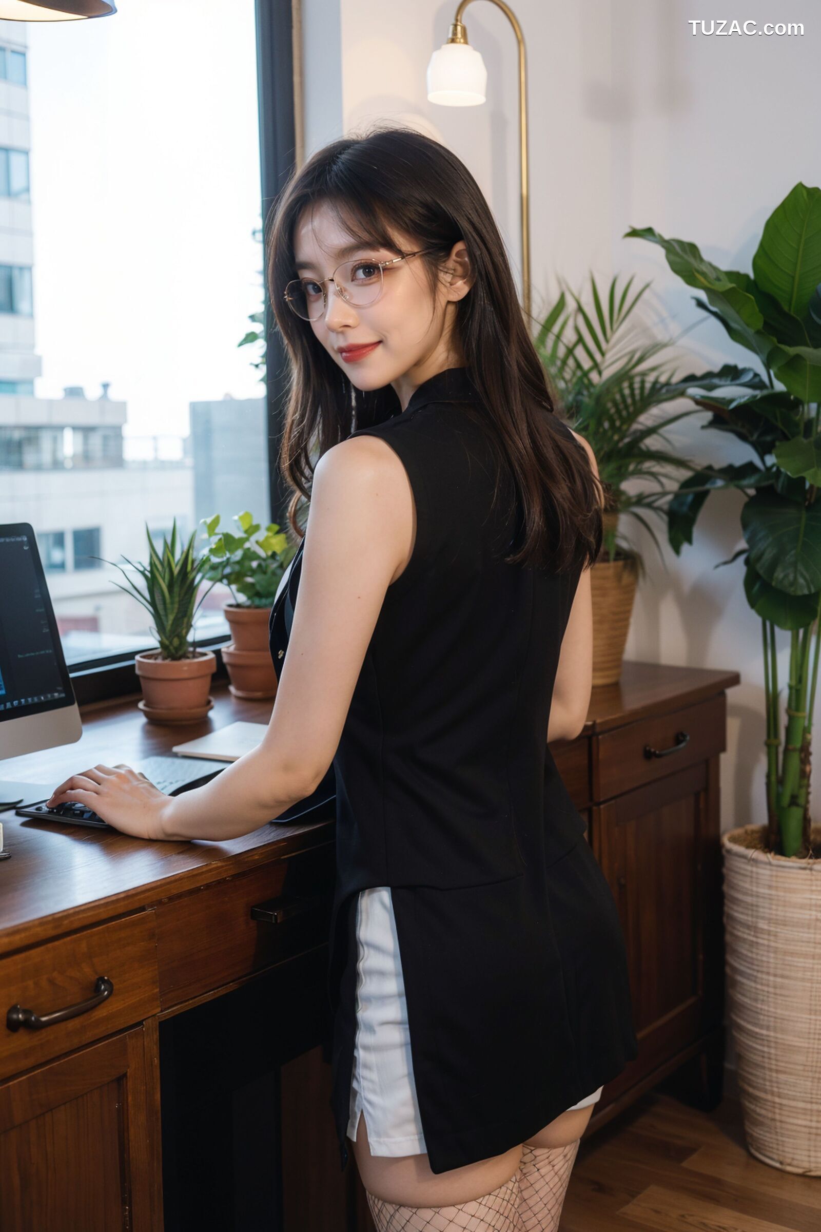 AI美女-拟实-黑色马甲办公室女郎