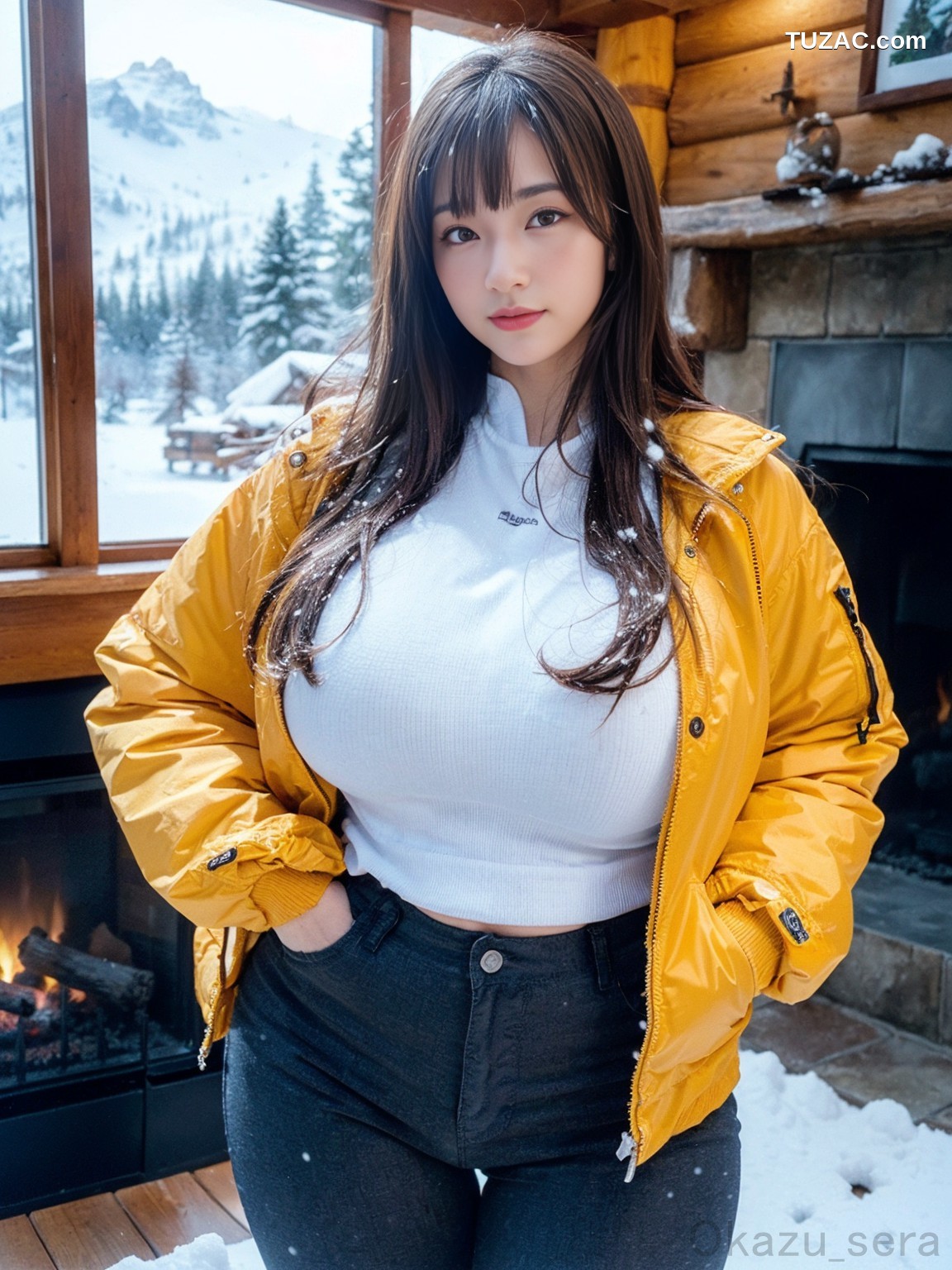 AI美女-穿橘色滑雪服的巨乳女郎