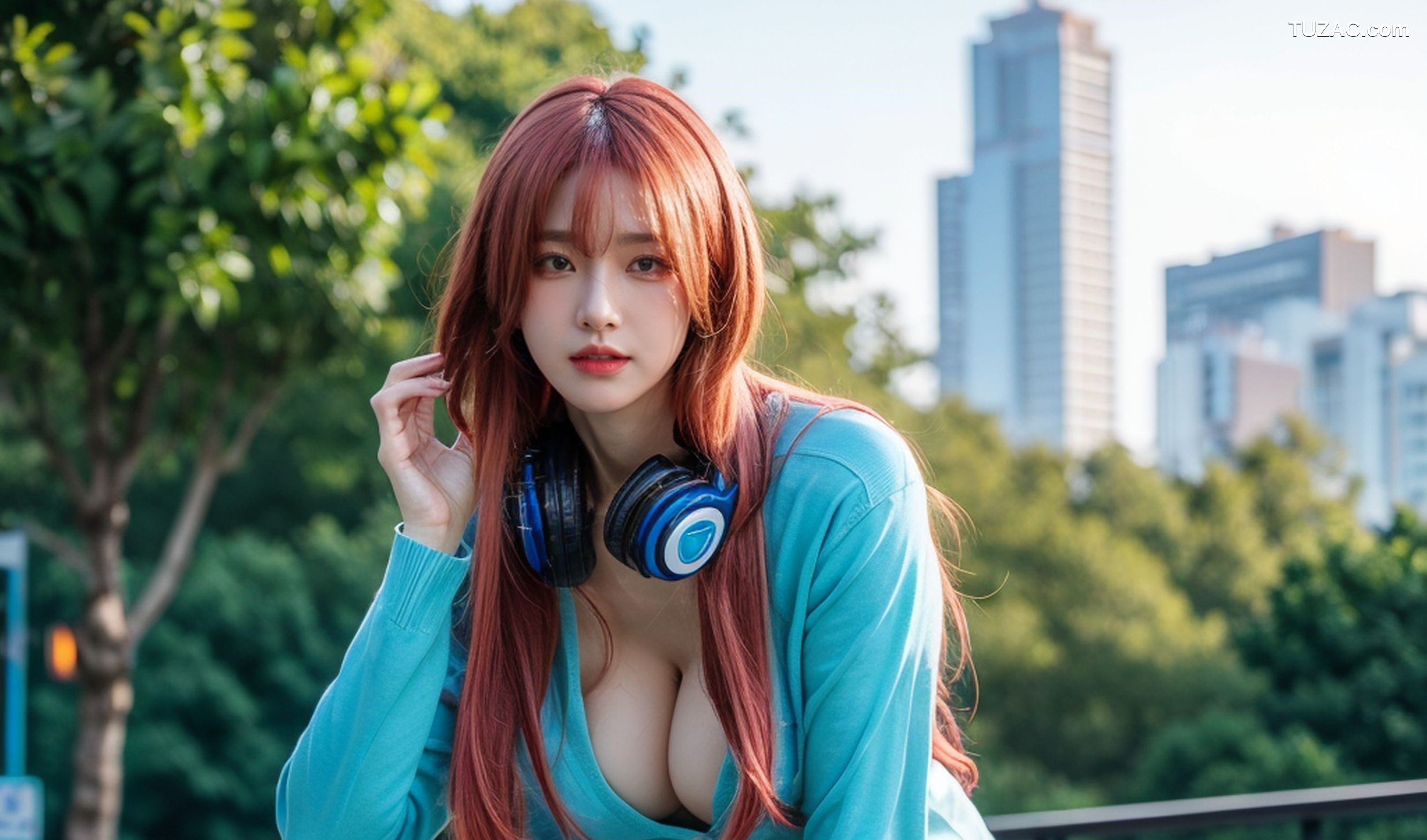 AI美女-超写实-户外蓝女针织衫百褶短裙黑丝-18禁