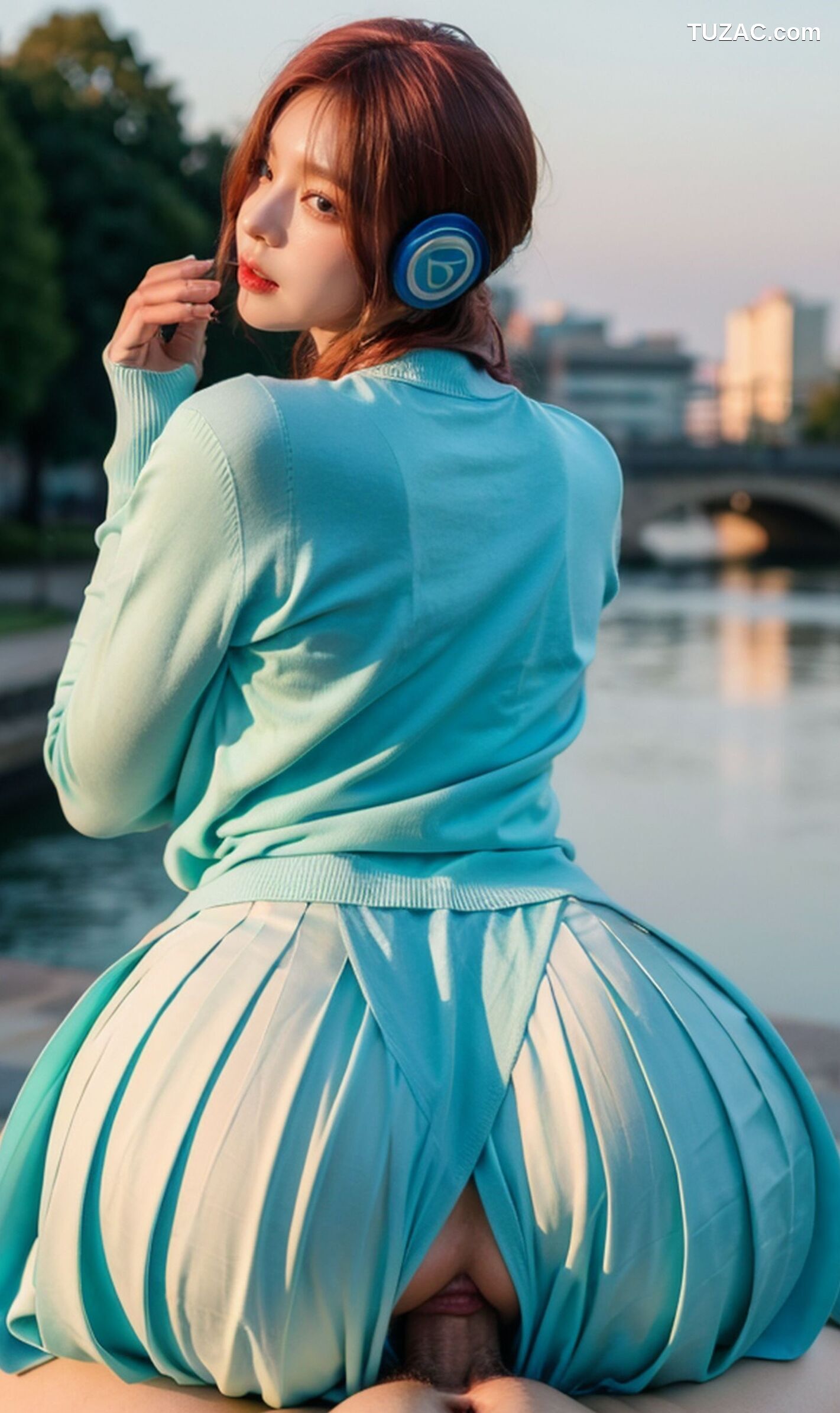 AI美女-超写实-户外蓝女针织衫百褶短裙黑丝-18禁