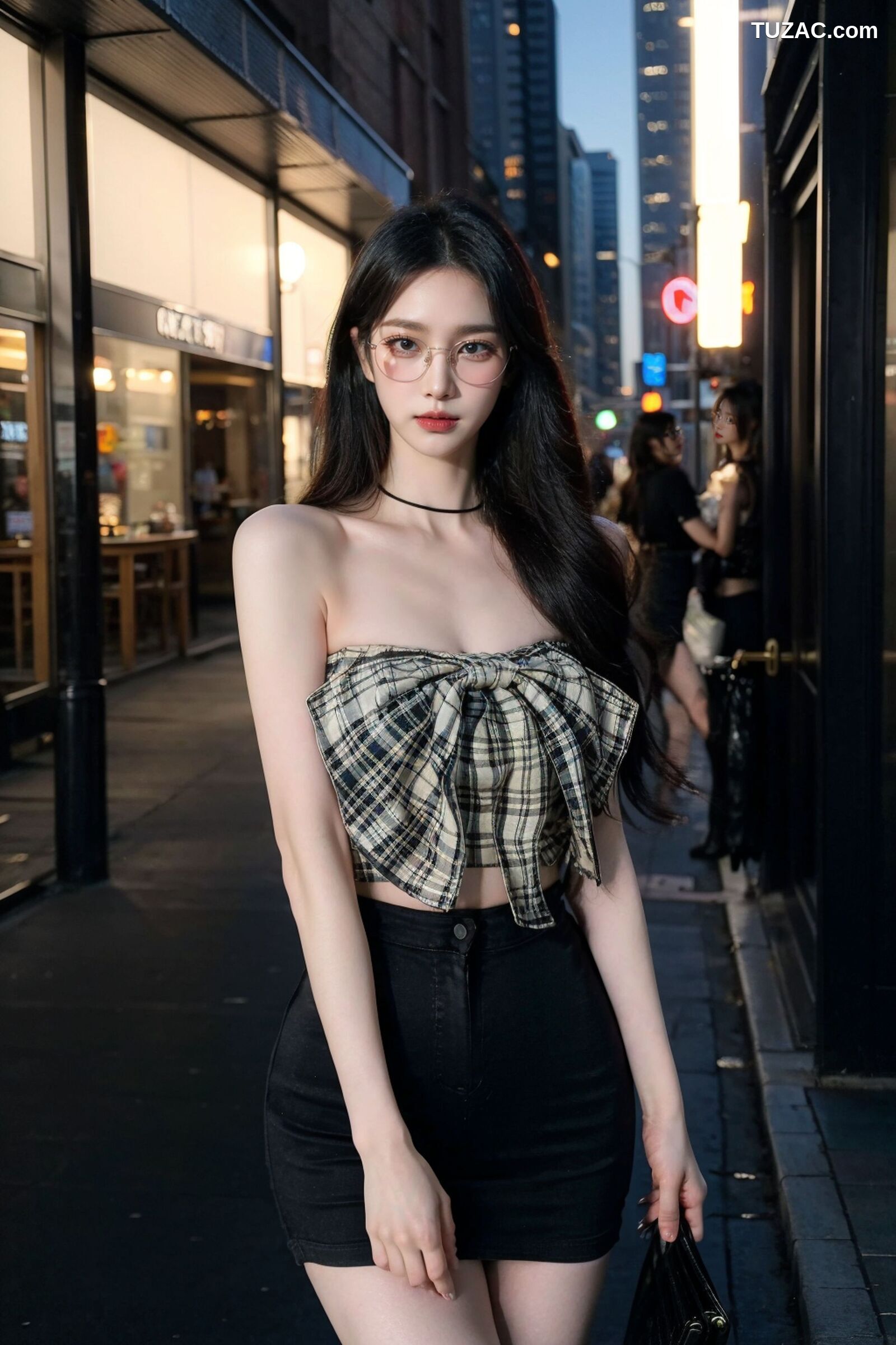 AI美女-超写实-格子蝴蝶结抹胸黑短裙美女街拍