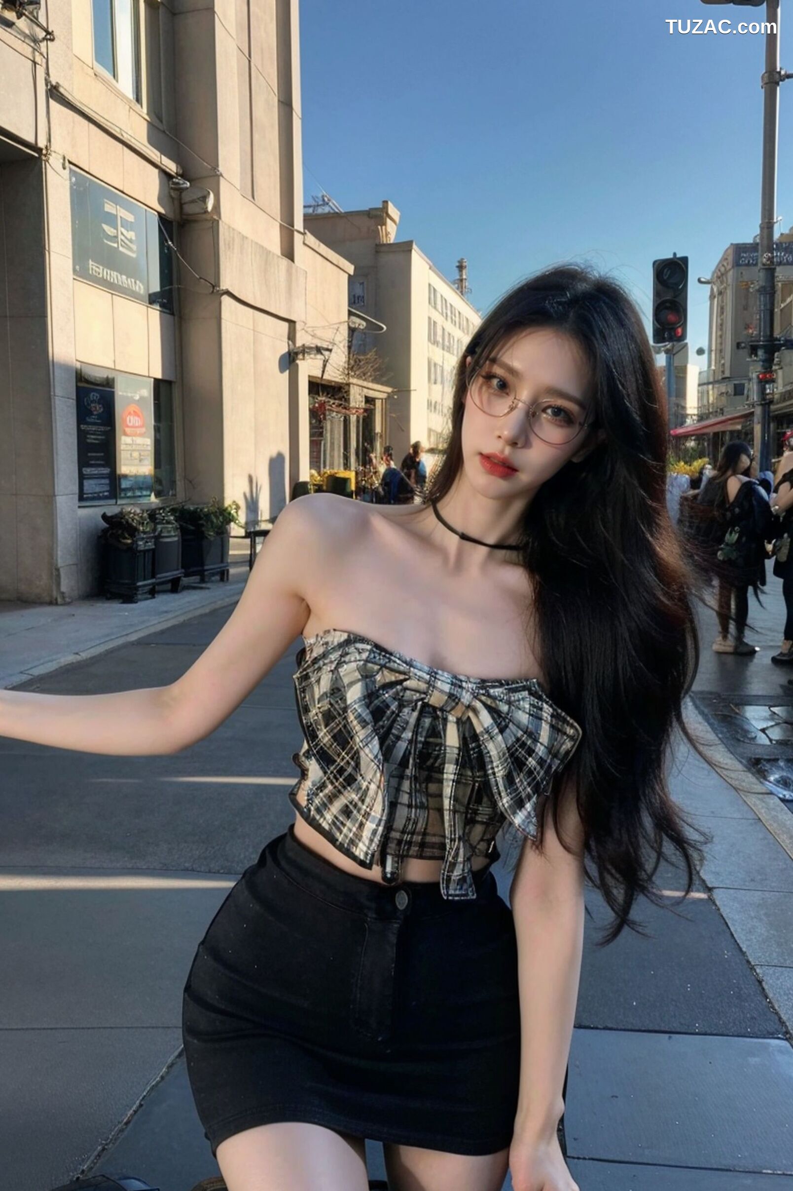 AI美女-超写实-格子蝴蝶结抹胸黑短裙美女街拍