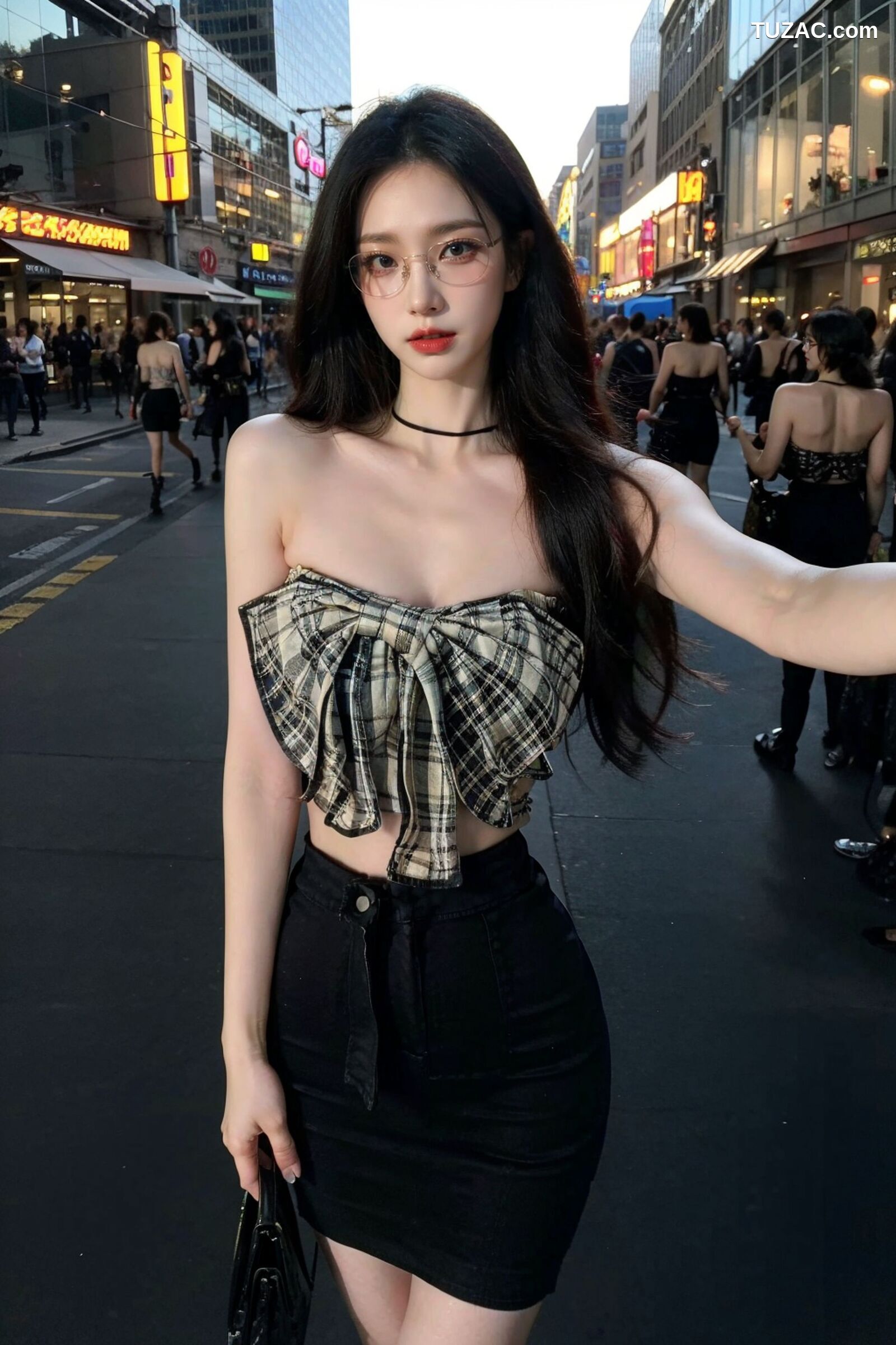 AI美女-超写实-格子蝴蝶结抹胸黑短裙美女街拍