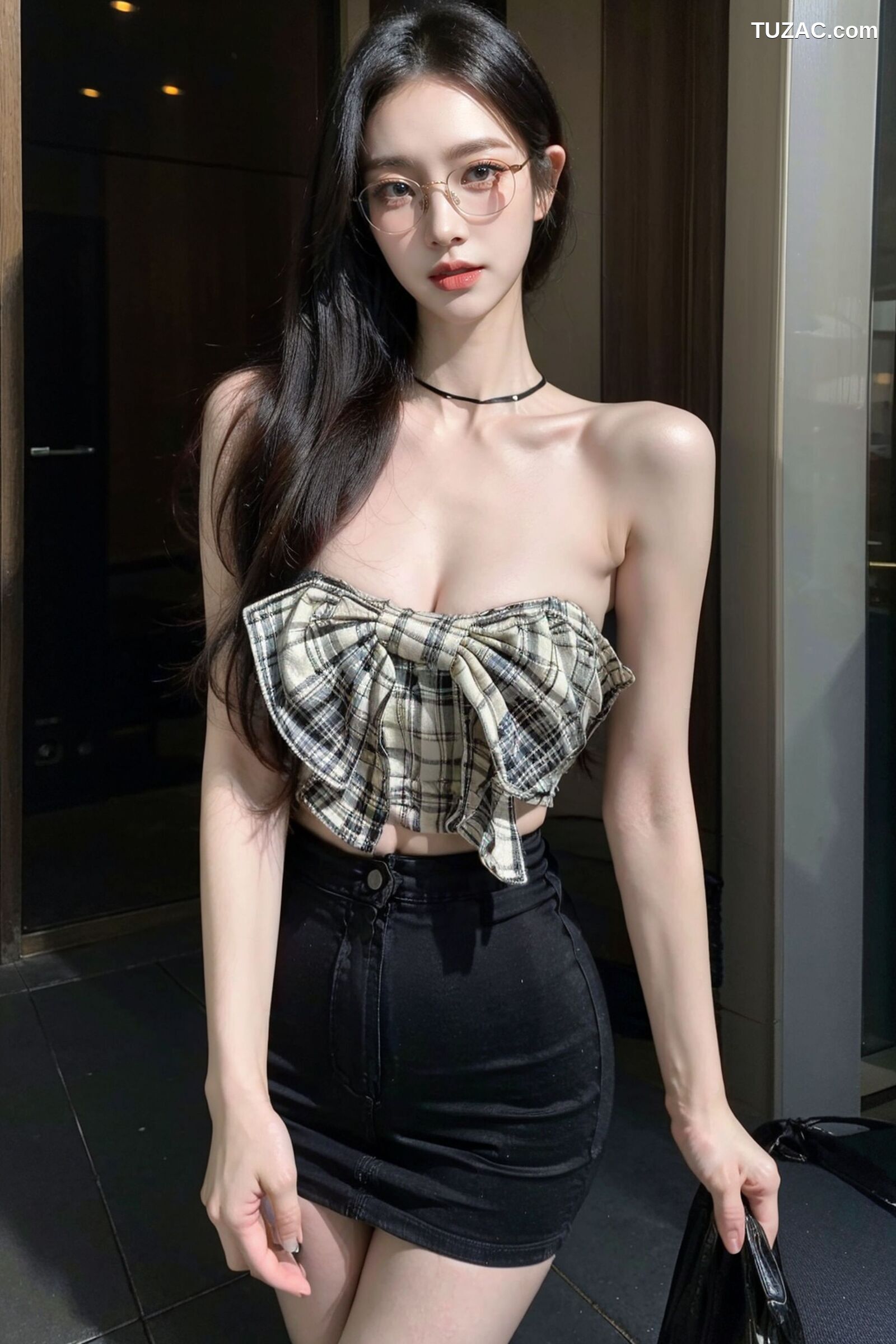 AI美女-超写实-格子蝴蝶结抹胸黑短裙美女街拍