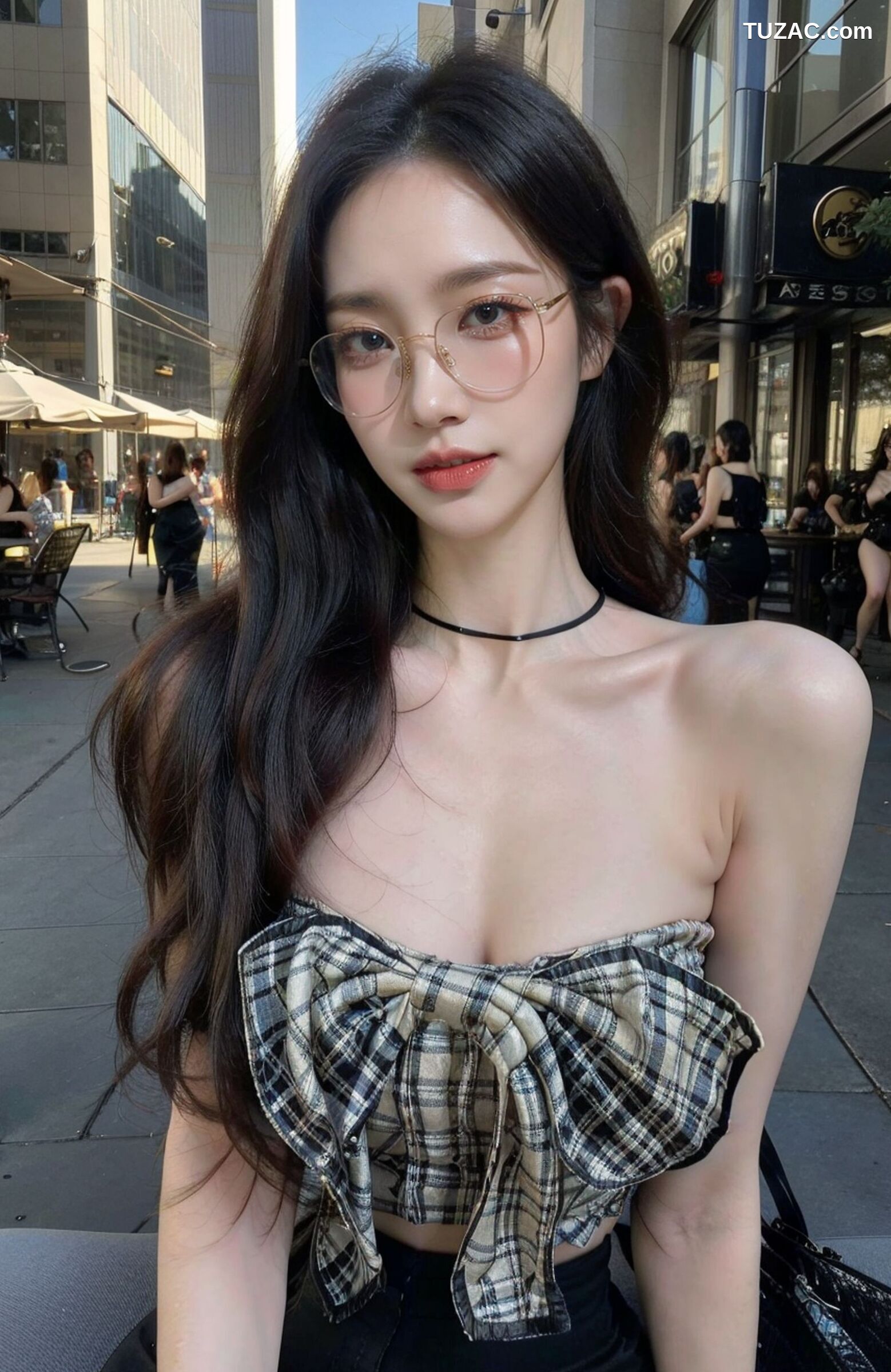 AI美女-超写实-格子蝴蝶结抹胸黑短裙美女街拍