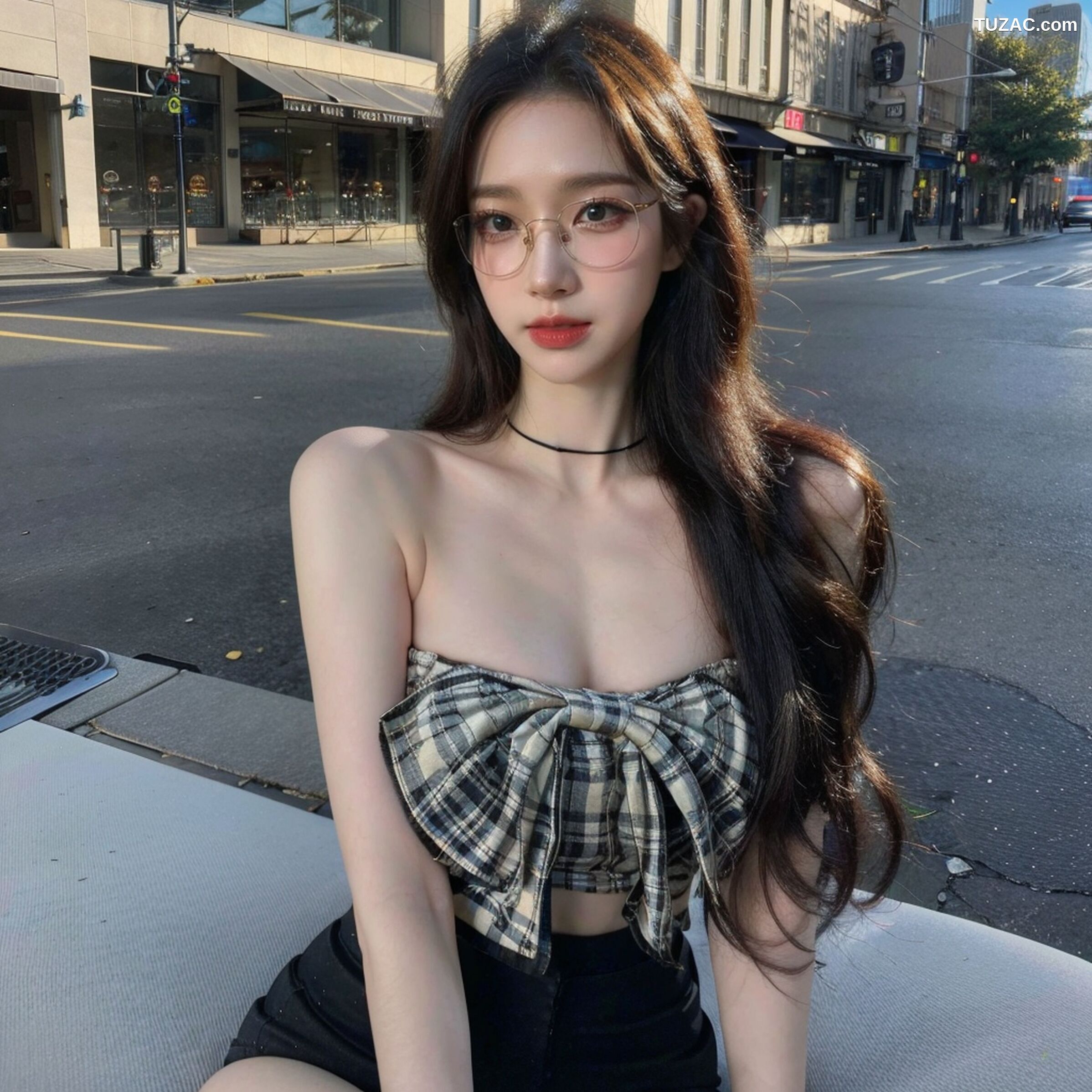 AI美女-超写实-格子蝴蝶结抹胸黑短裙美女街拍