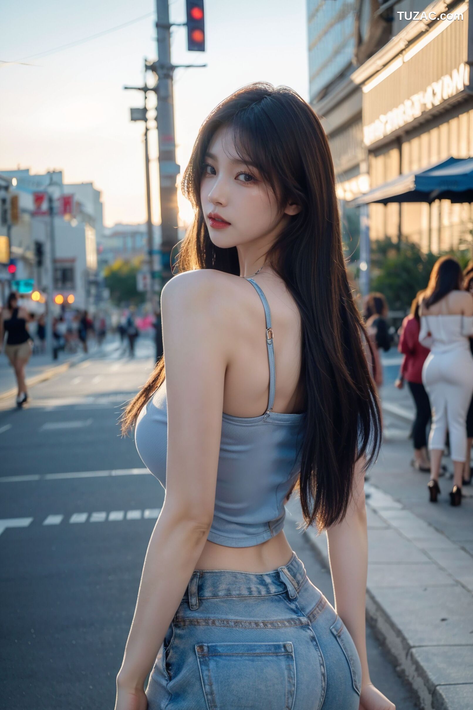 AI美女-超写实-海边城市街拍黑长发美女浅色短裙-18禁