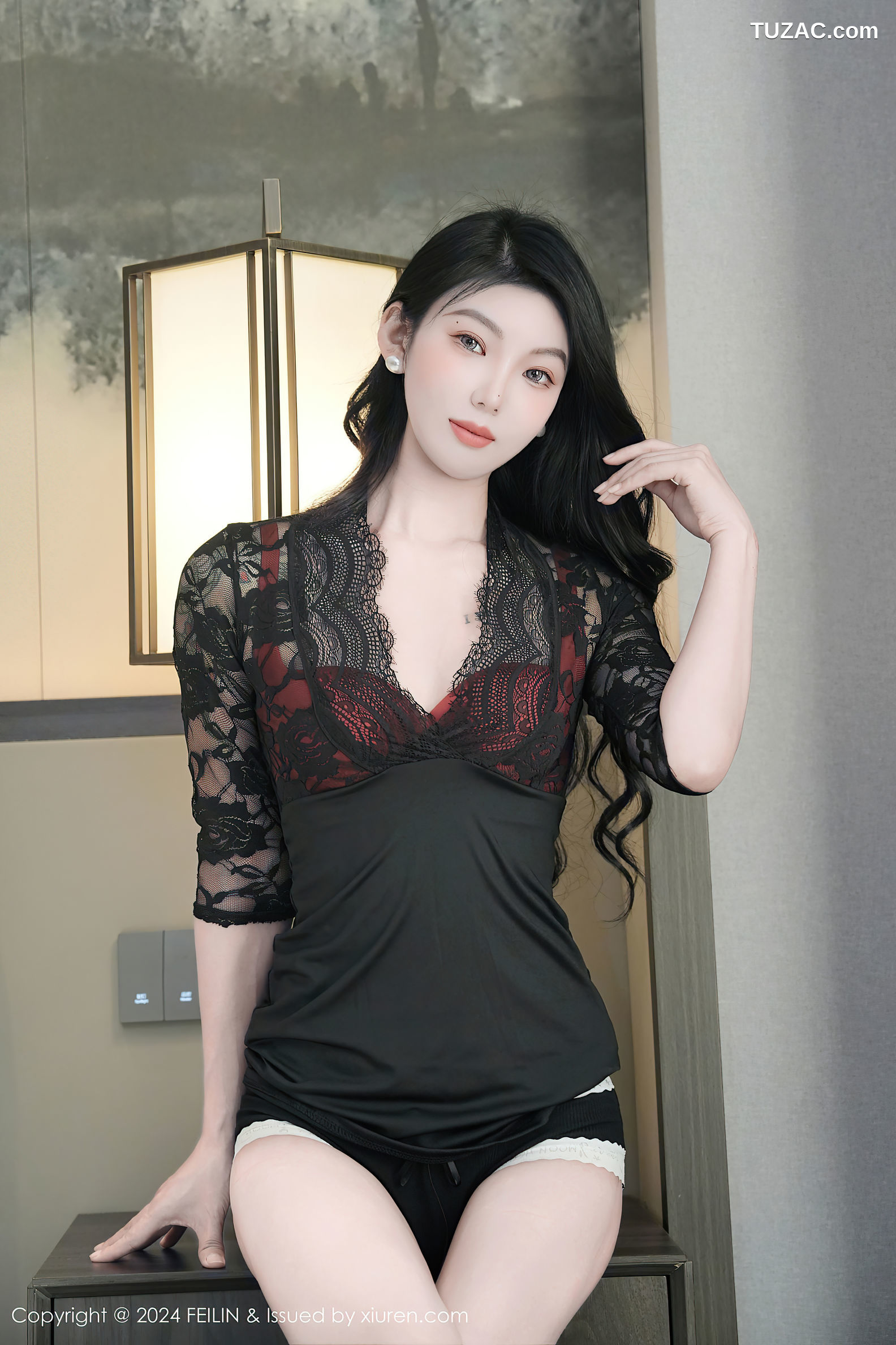 FeiLin嗲囡囡-488-希恬儿-黑蕾丝衫红内衣爆乳-2024.11.20