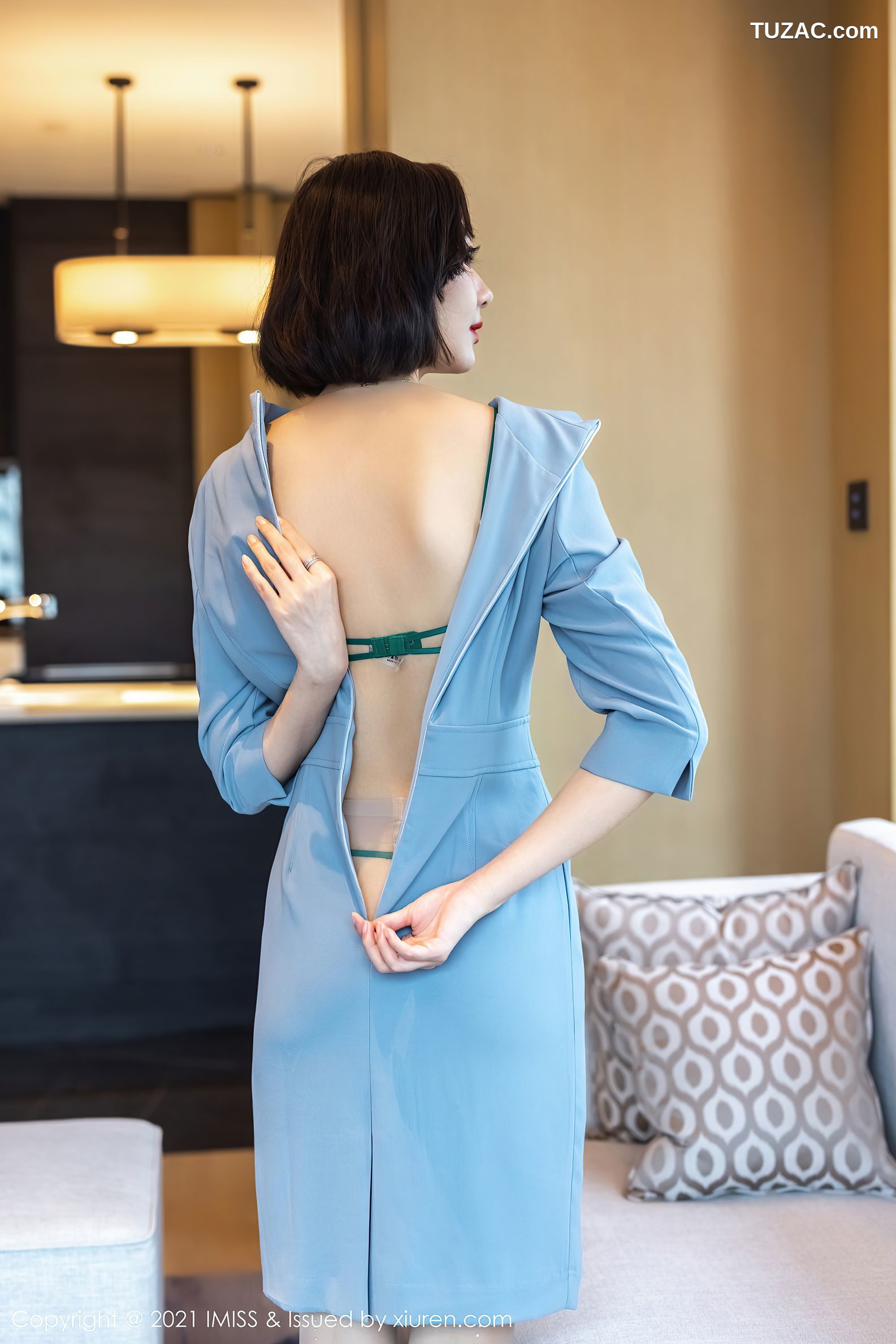 IMiss爱蜜社-609-艺轩-蓝灰职业裙装绿色情趣蕾丝内衣-2021.07.02