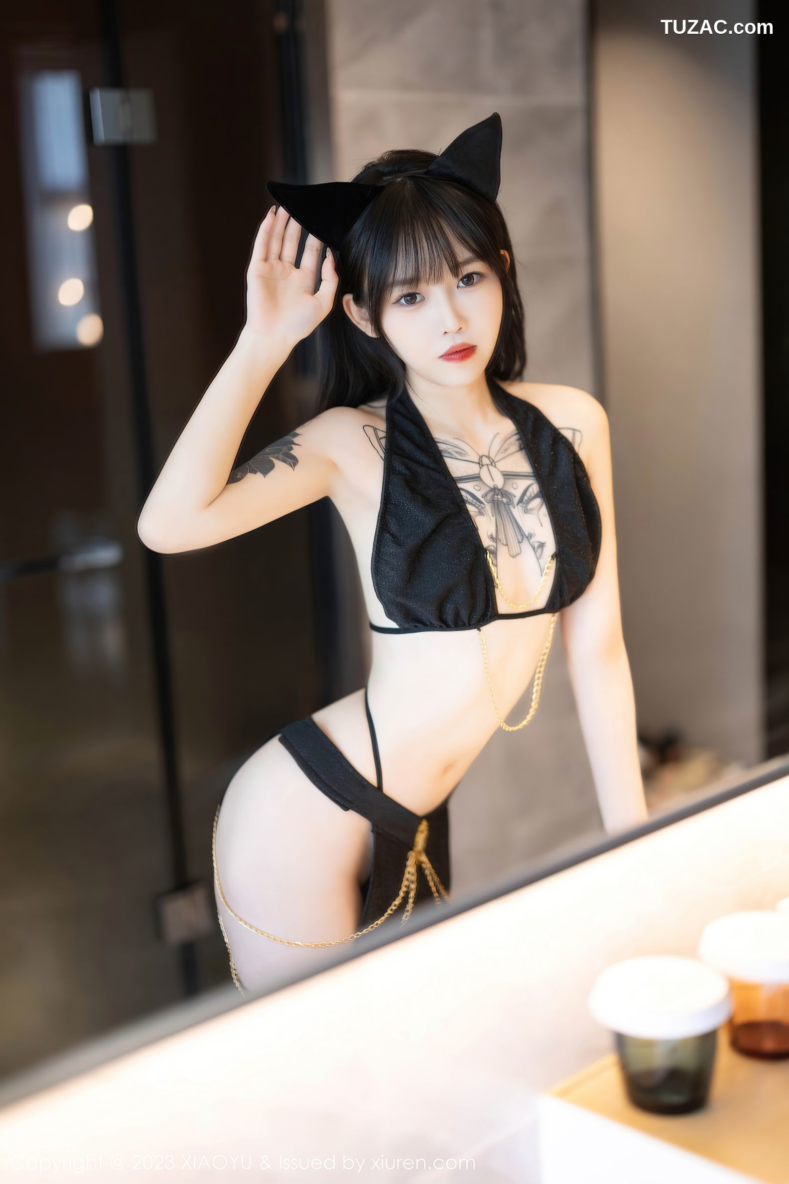 XiaoYu语画界-1118-奶瓶-白色印花旗袍-黑色小喵情趣内衣黑丝-2023.09.25