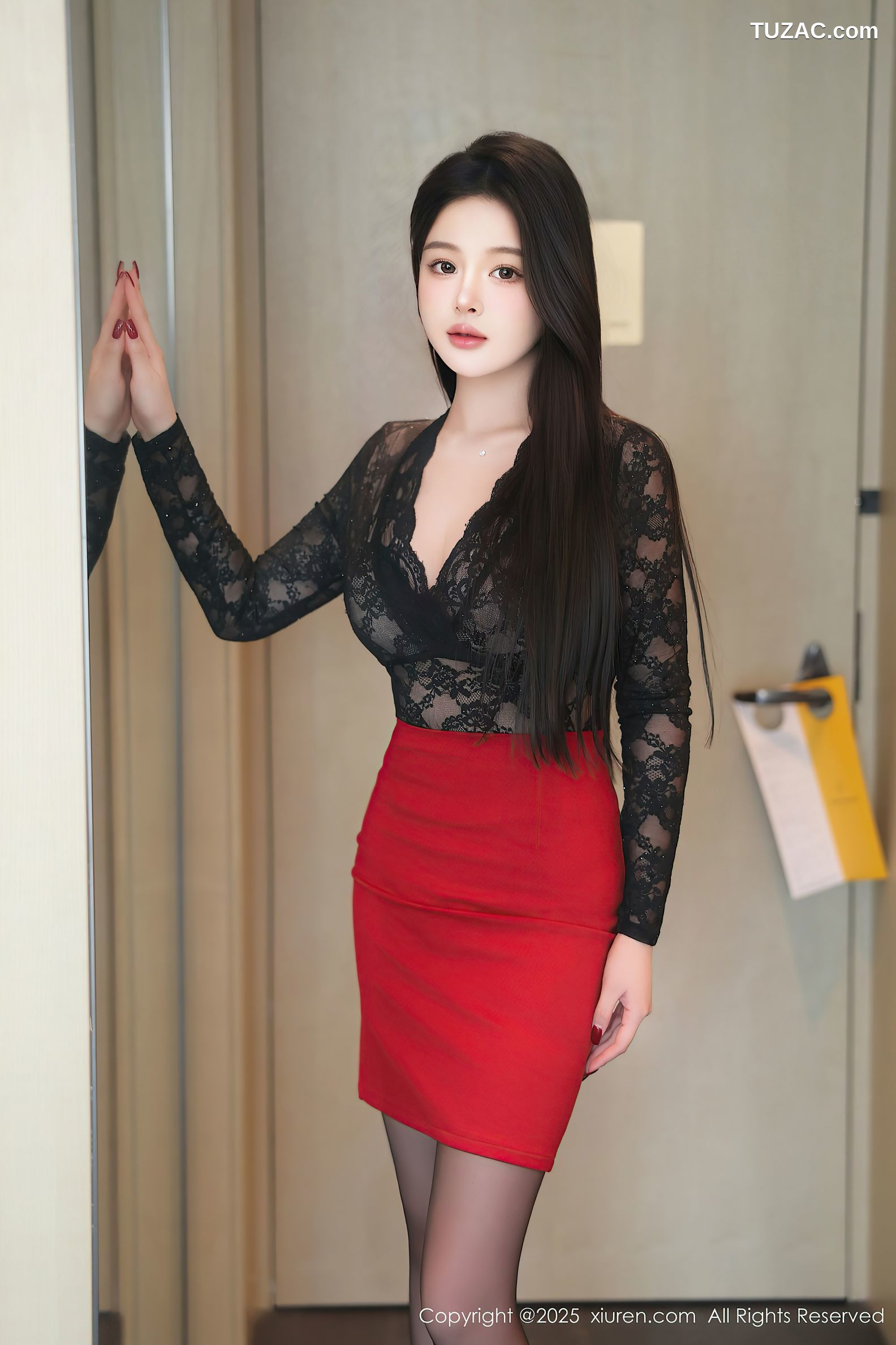 XiuRen秀人网-10007-温妮-黑色蕾丝衫红短裙黑丝吊带袜-2025.03.13
