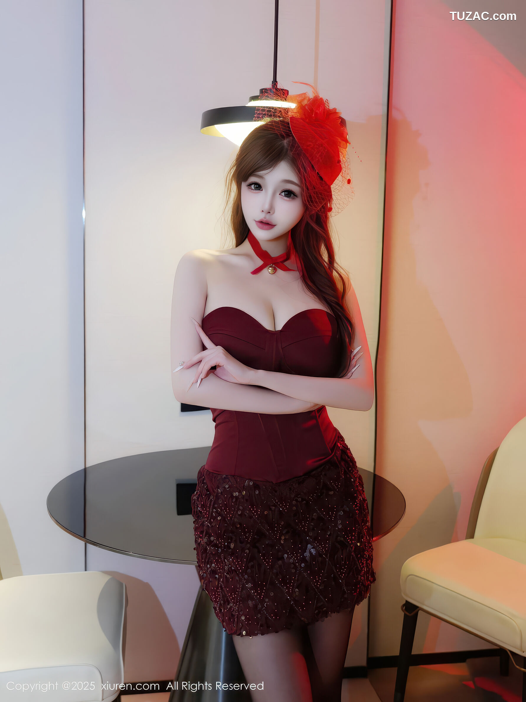 XiuRen秀人网-11181-甜妮-酒红抹胸连衣短裙黑丝爆乳-2025.12.31