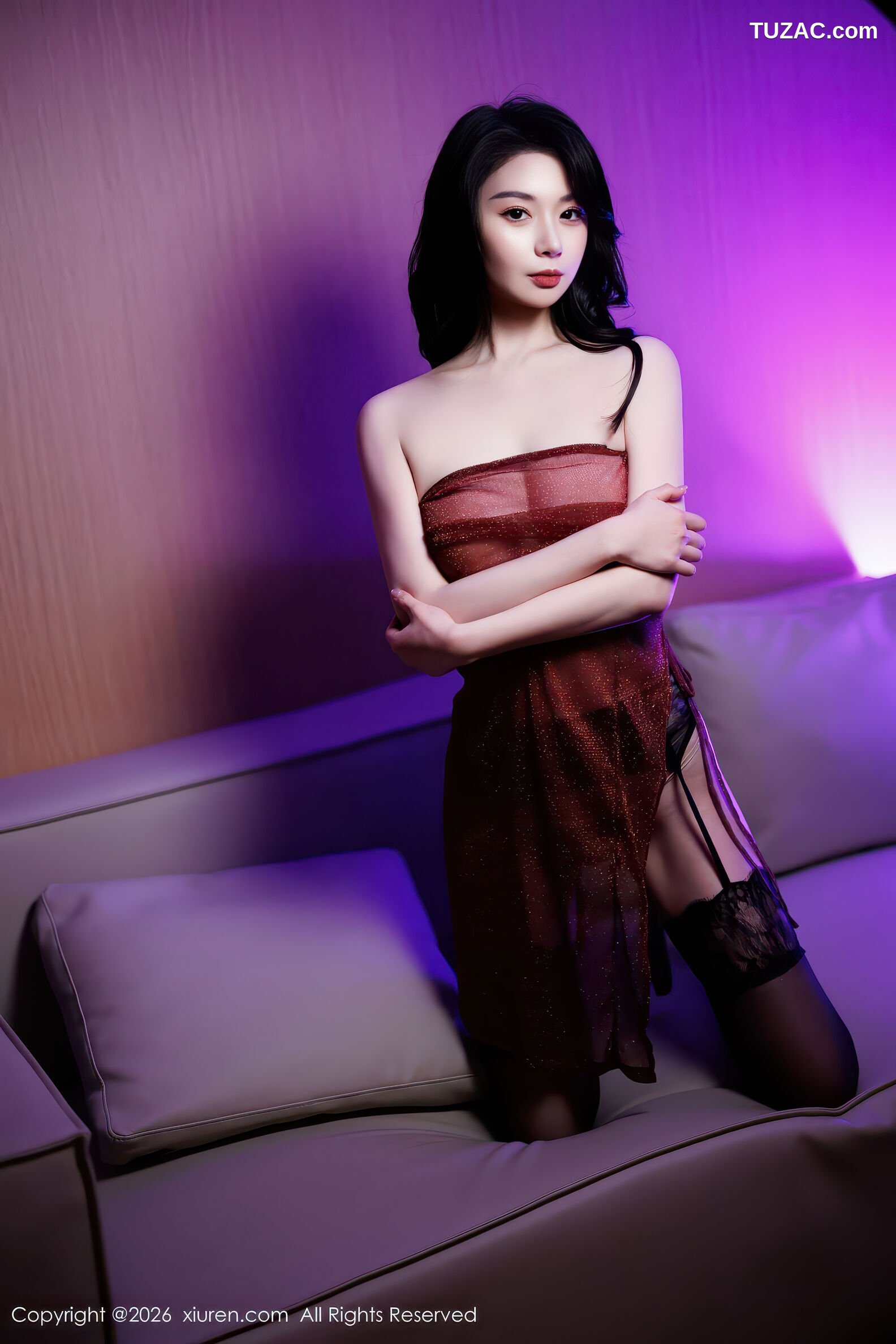 XiuRen秀人网-11237-梦心玥-暗红色皮裙情趣黑丝吊带袜-2026.01.16