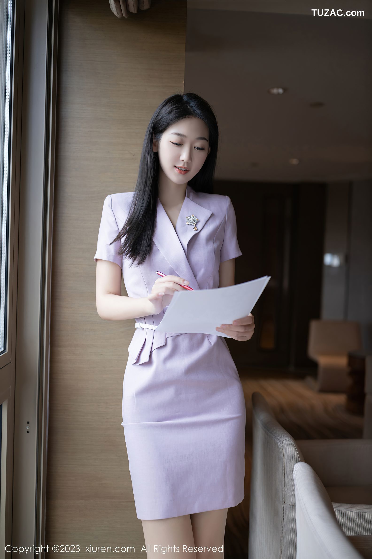 XiuRen秀人网-6859-唐安琪-淡紫色OL服白色蕾丝内衣-2023.06.05 | 咔咔西三 | 高清美女写真图集