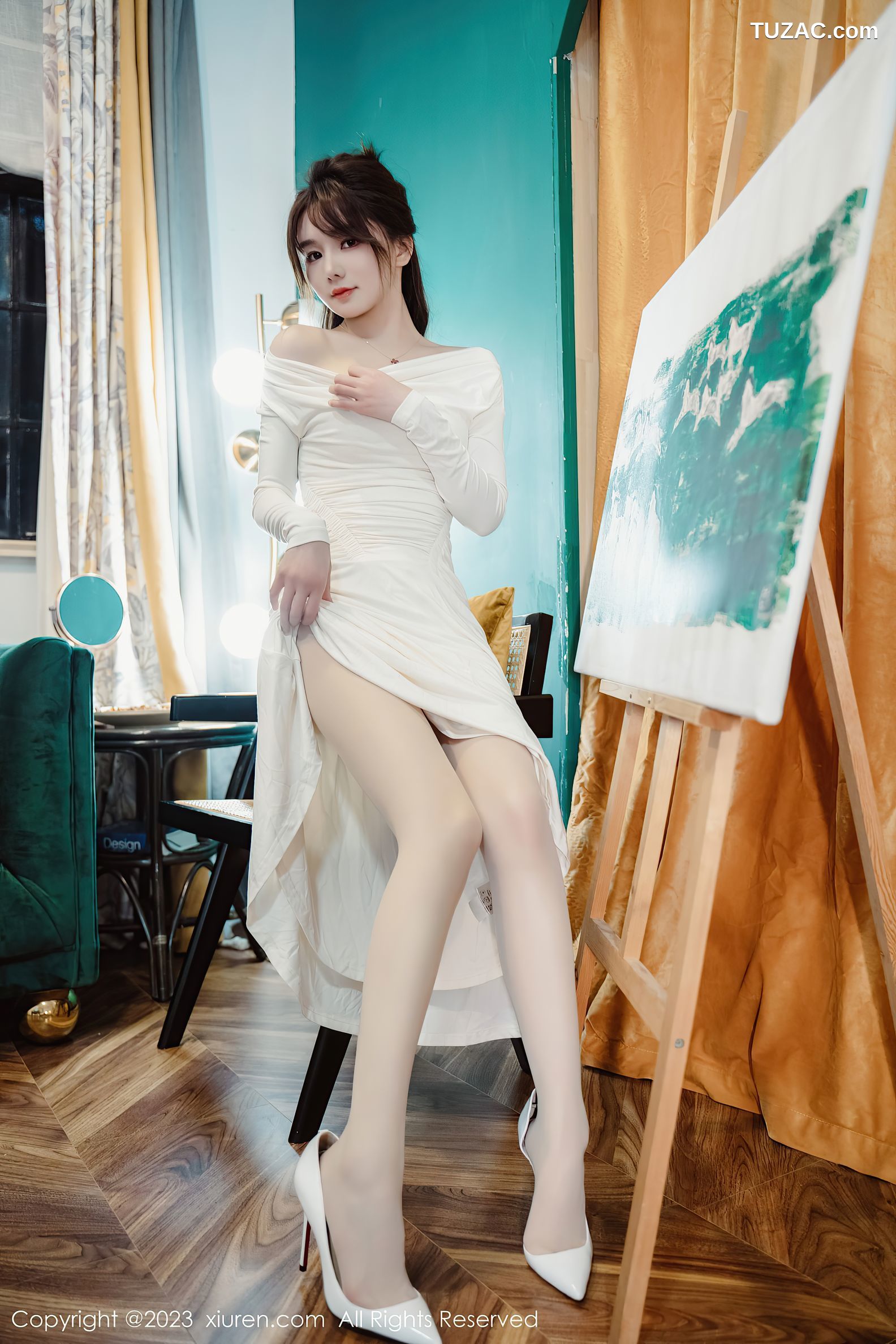 XiuRen秀人网-6182-婠婠么-白色连衣长裙蕾丝内衣白丝