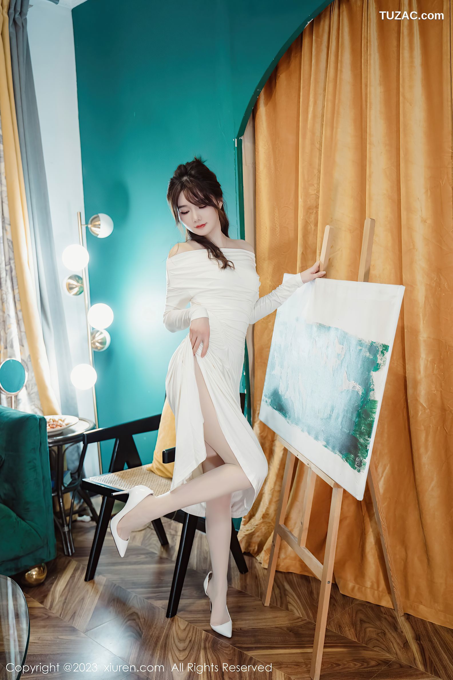 XiuRen秀人网-6182-婠婠么-白色连衣长裙蕾丝内衣白丝