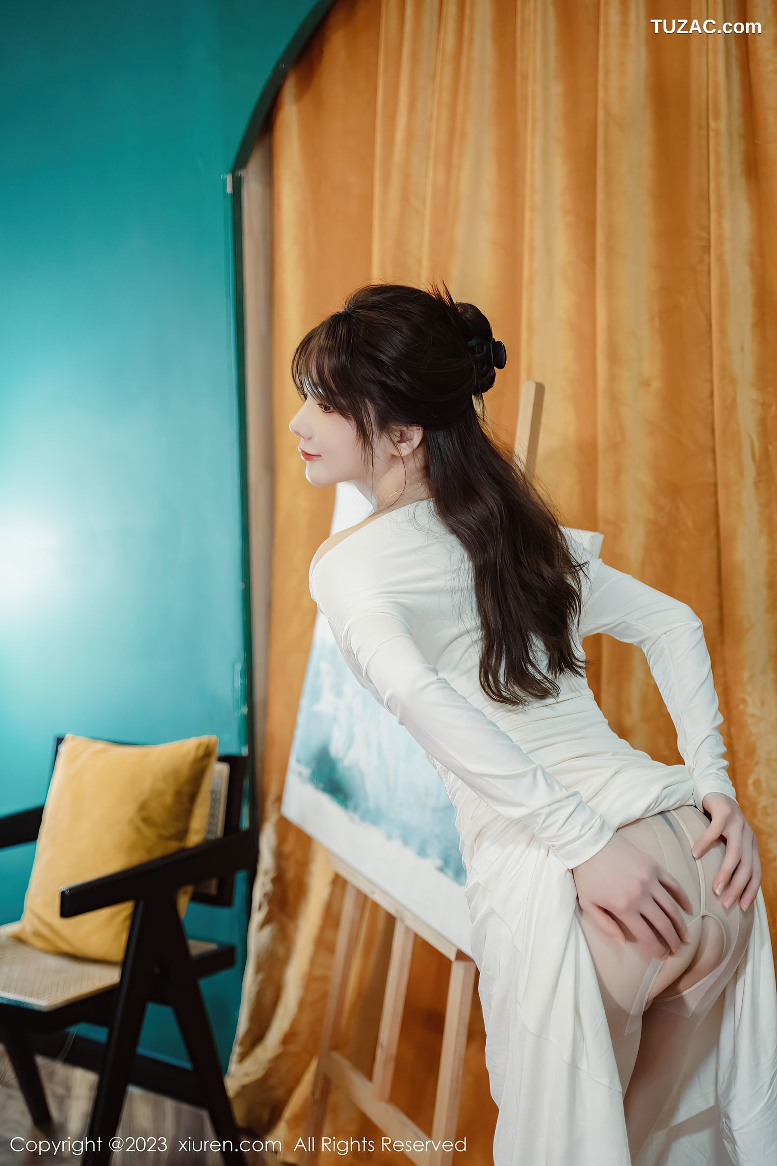 XiuRen秀人网-6182-婠婠么-白色连衣长裙蕾丝内衣白丝