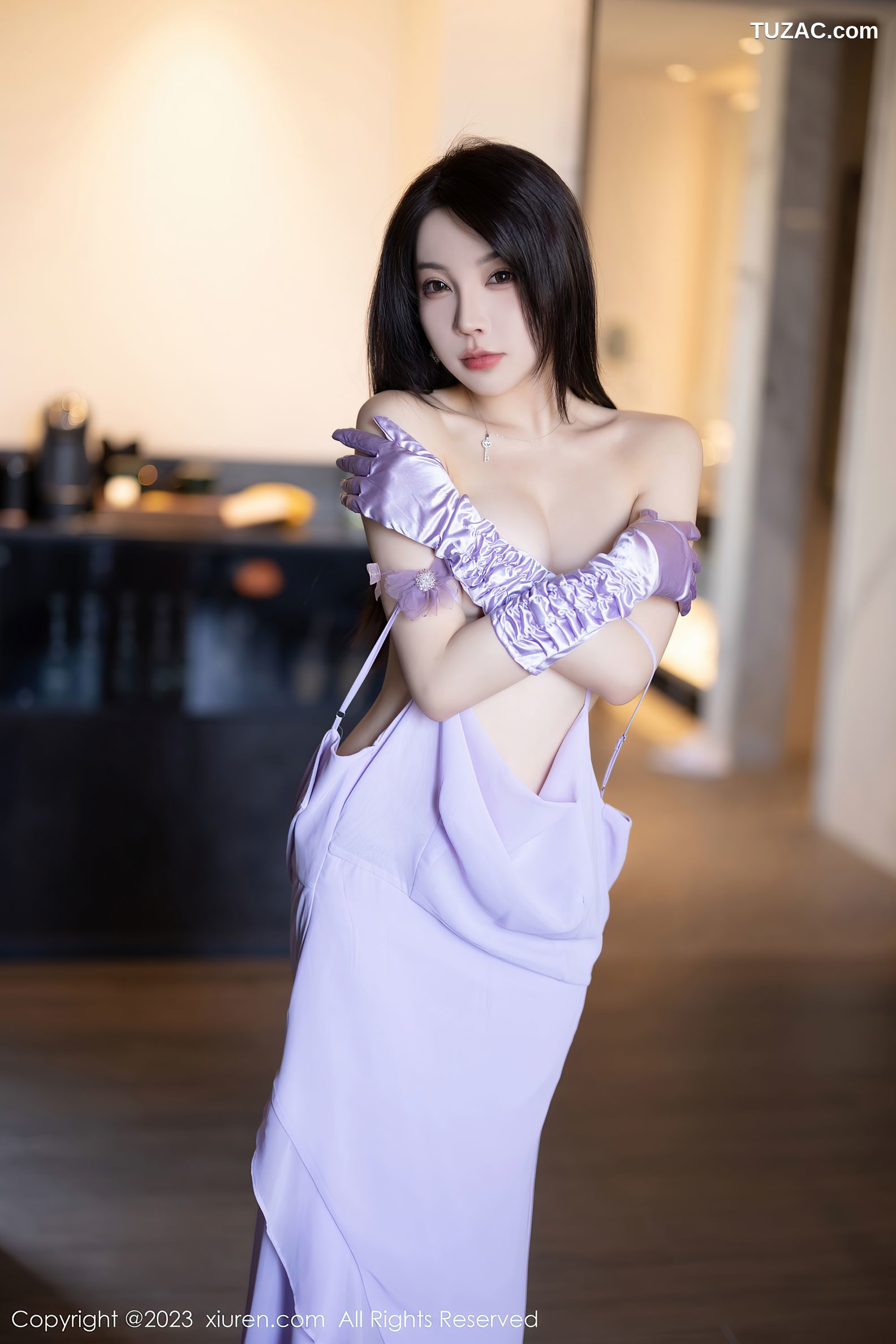 XiuRen秀人网-6324-徐莉芝Booty-淡紫色连衣长裙-淡蓝色网格内衣-2023.02.24