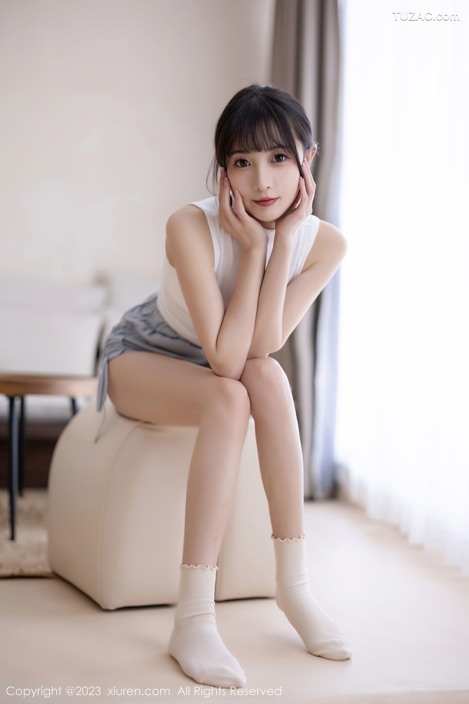 XiuRen秀人网-6455-林星阑-蓝灰色连衣短裙米色蕾丝内衣-2023.03.22