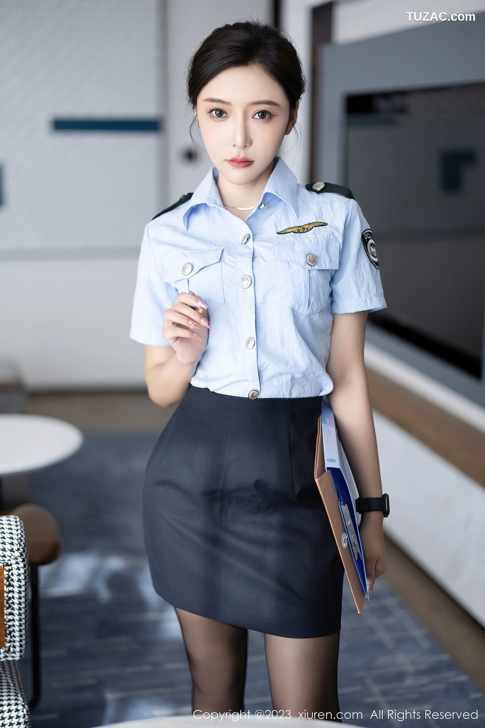 XiuRen秀人网-7340-王馨瑶yanni-《严刑逼供》衬衫短裙女警黑内衣黑丝-2023.09.05