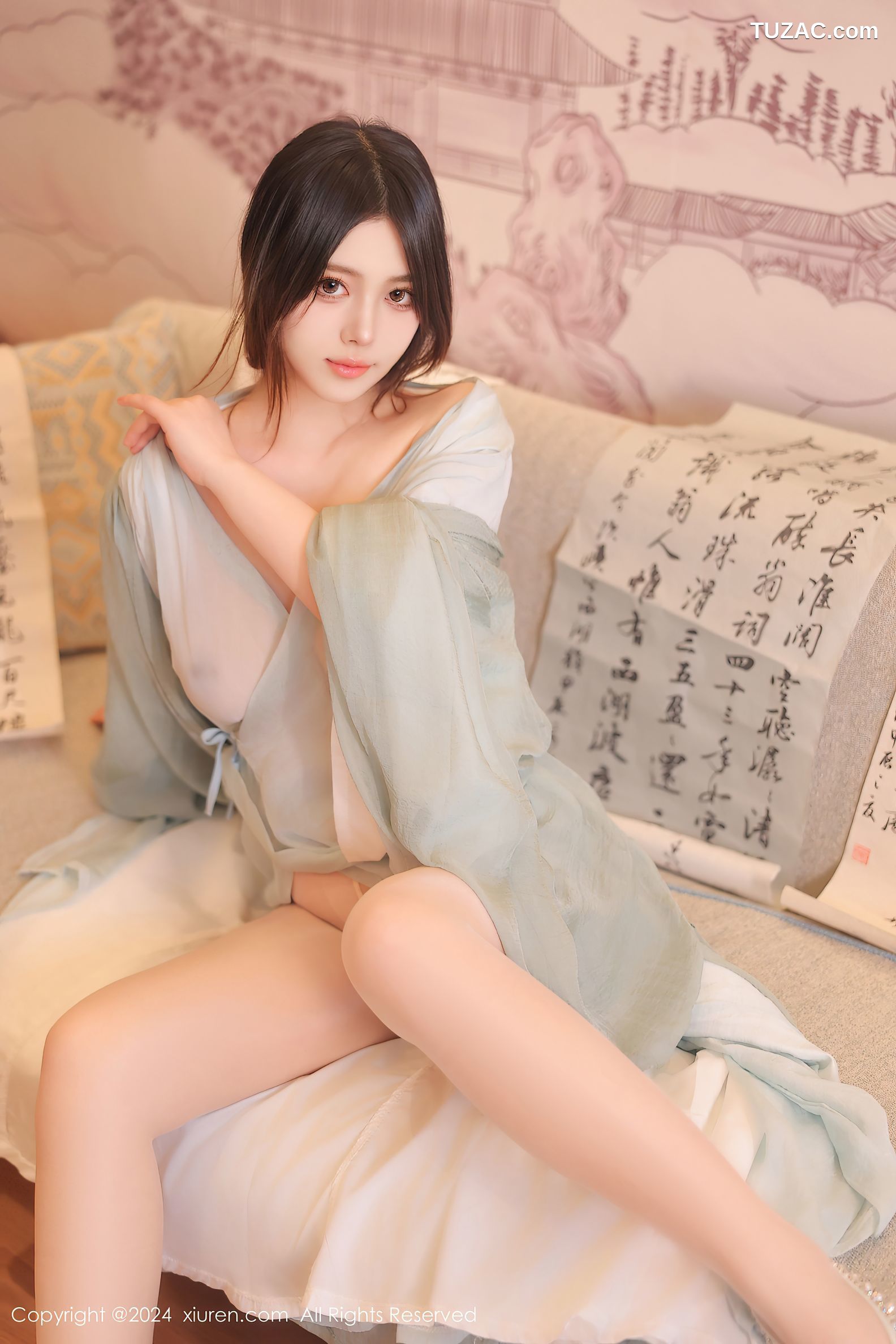 XiuRen秀人网-8937-蛋蛋宝-淡绿古风长衫轻透纱衣爆乳-2024.07.30
