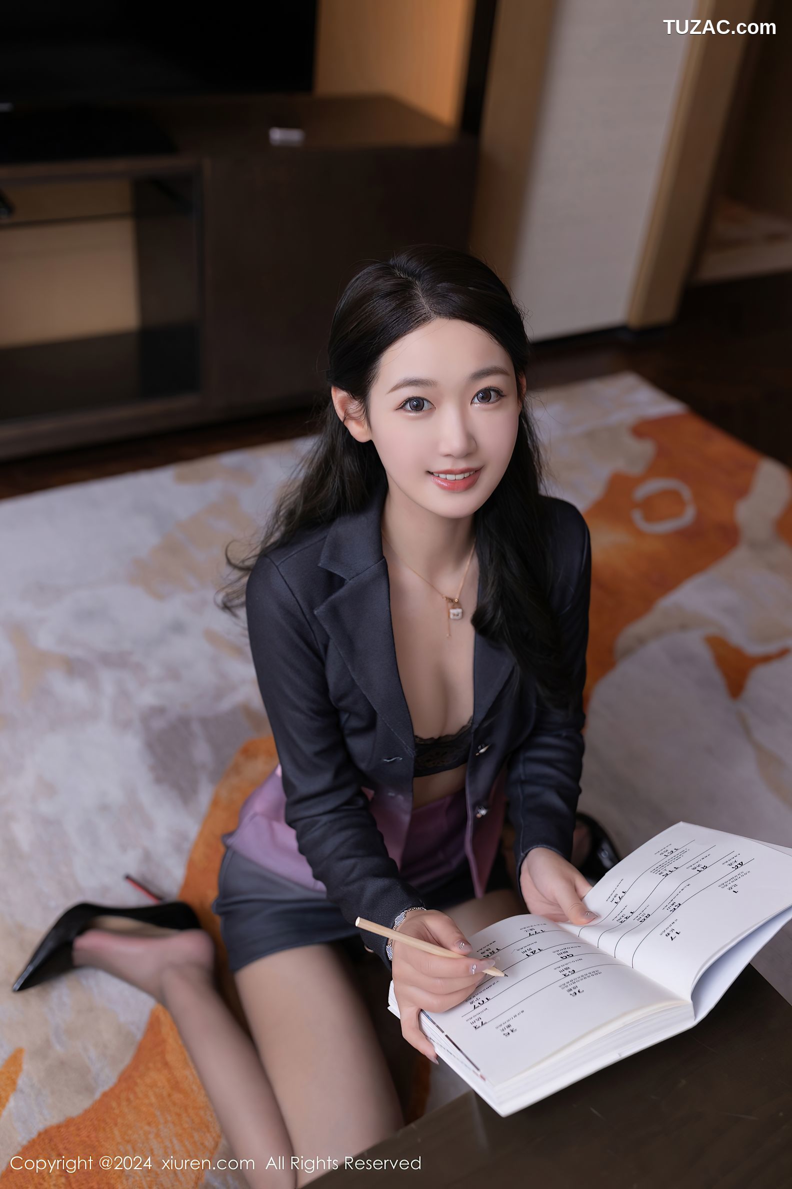 XiuRen秀人网-9004-唐安琪-OL深紫色套装黑蕾丝内衣黑丝-2024.08.12