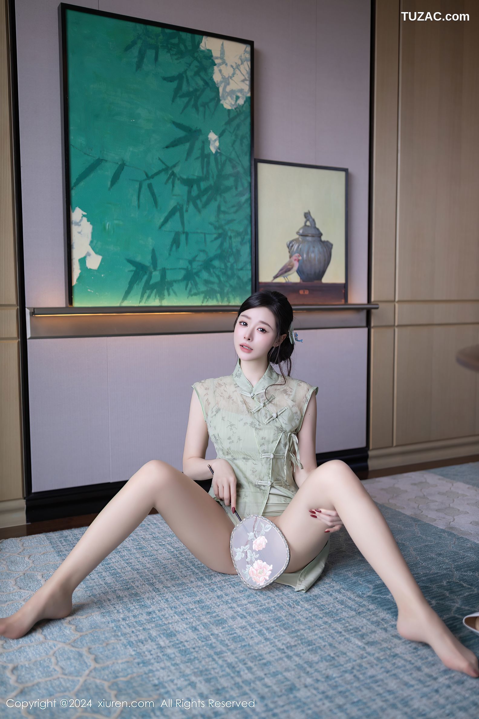 XiuRen秀人网-9124-小逗逗-民国风淡绿旗袍淡绿透视薄纱亵衣爆乳-2024.09.06